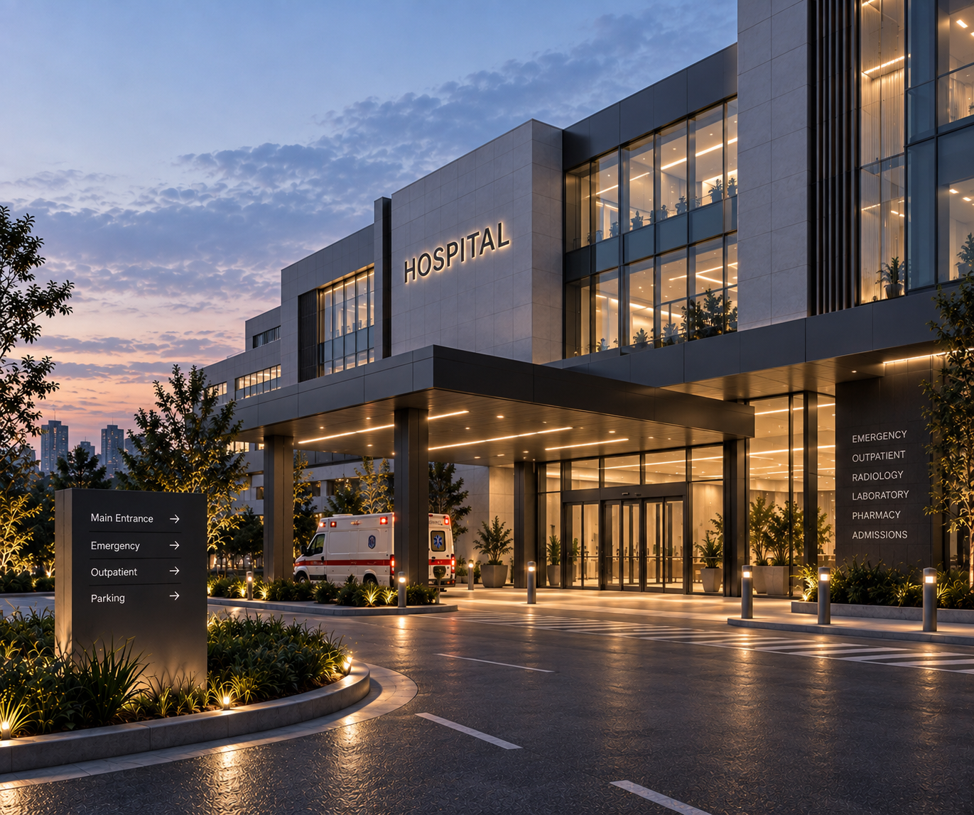 Hospital exterior at dusk, representing commercial energy storage