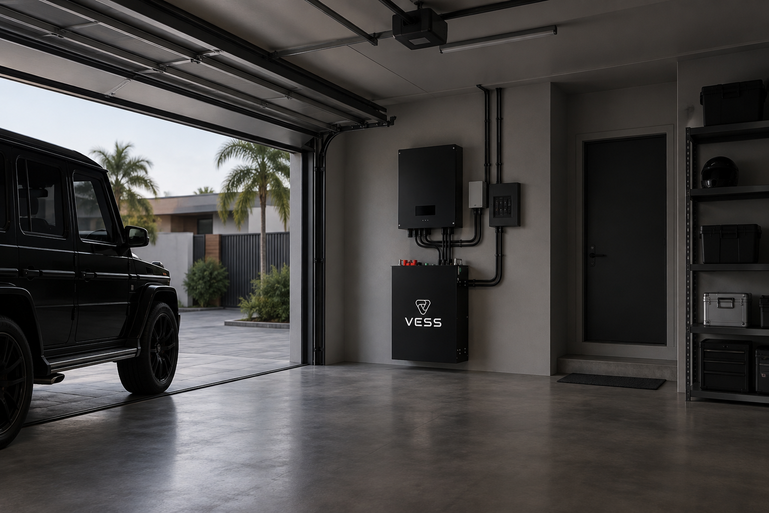 VESS battery system installed in a modern residential garage
